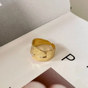 Minimalist S925 sterling silver golden open ring with irregular wavy wide band design