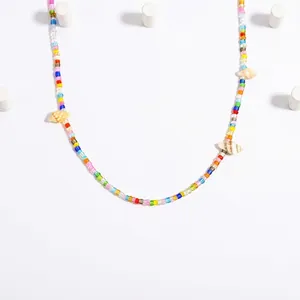 18K gold-plated stainless steel shell necklace with colorful beads for beach vacations