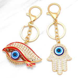Evil Eye Hamsa Hand Keychain Metal Rhinestone Fatima Hand Pendant Bag Charm Gold Tone Fashion Jewelry Accessory