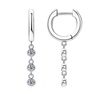 Elegant S925 sterling silver tassel earrings with three round sparkling moissanite stones