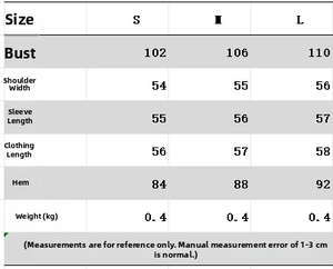 Size guide for striped sweatshirt and pants set including bust and length measurements