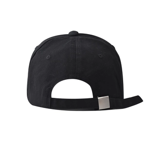 Close-up of adjustable metal buckle and stitching on black washed distressed baseball cap