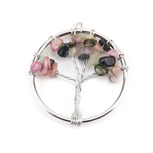 Detailed view of Tree of Life pendant with multicolor crystal stones and silver wire
