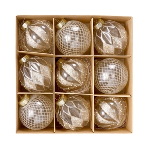 9-piece set of transparent painted PET Christmas balls with gold and silver glitter patterns