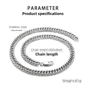 Détail de la chaîne gourmette en acier de 8mm avec dimensions et fermoir mousqueton