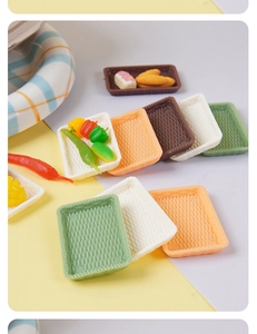 Miniature dollhouse plastic trays with woven texture in green, white, orange, and brown