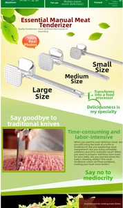 Three-piece stainless meat tenderizer set in small, medium, and large with dual sides