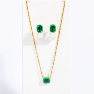Elegant emerald-cut green gemstone necklace and earring set with gold accents