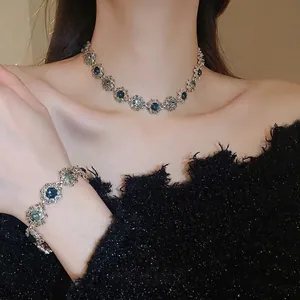 Vintage Floral Necklace And Bracelet Jewelry With Blue Rhinestones Alloy Retro Palace Style For Women