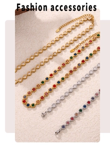 Macro detail of titanium steel necklaces with vibrant colorful 3A zircon stone settings