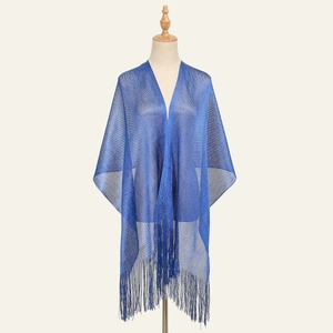 Royal blue metallic knit shawl with fringe, sheer glitter wrap for swimwear and dresses