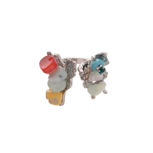 Irregular seashell and crystal flower open ring in silver bohemian textured finish