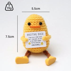 Pato de ganchillo amarillo hecho a mano con tarjeta motivacional de 7,5 cm