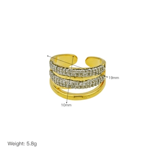 Detailed size chart showing the 10mm height and 19mm width of this gold X-pattern ring