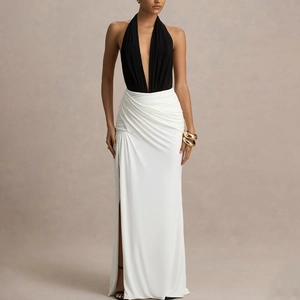 Women Halter Neck Maxi Dress Sexy Deep V Backless Contrast Color Ruched High Side Split Slim Fit Elegant Evening Gown