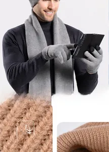 Detail of warm winter knit set with touchscreen gloves and thick windproof weave texture