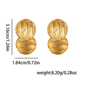 Detailed view of double circle gold earrings with wavy texture and dimensions