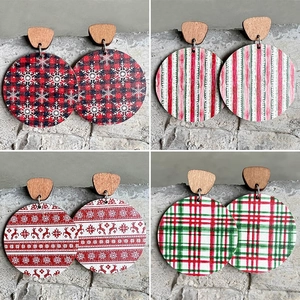 Christmas Wooden Drop Earrings Round Geometric Plaid Snowflake Reindeer Holiday Winter Bohemian Nordic Style For Women