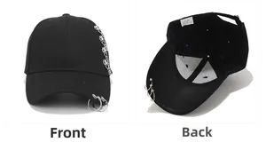 Front and back detail of black cotton baseball cap featuring silver metal rings and chain