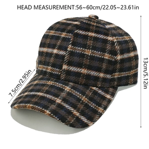 Detailed sizing chart for retro plaid wool baseball cap showing dimensions and head size