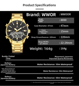 Detailed spec sheet showing 47mm gold steel watch with 50M water resistance