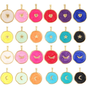 Ciondoli Tondi In Smalto Rame Placcato Oro Stella Cuore Luna Ali Di Angelo Pendenti Per Accessori Creazione Gioielli Fai Da Te