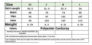 Size chart for women's corduroy mini skirt showing waist and hip measurements in centimeters