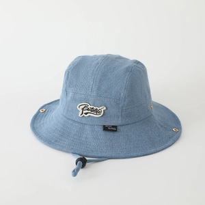 Denim bucket hat for children in light blue with patch embroidery and adjustable chin strap