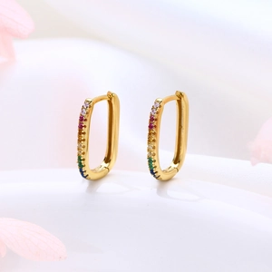U-shaped S925 silver gold-plated earrings with rainbow gradient cubic zirconia