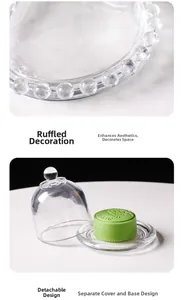 Detailed view of glass dome lid with beaded lace base for cake and pastry display