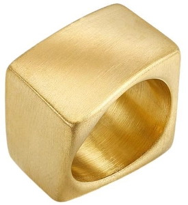 Detail of wide square gold ring showing brushed metal texture and minimalist design