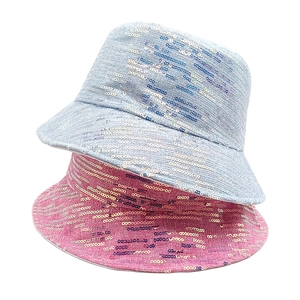 Sparkly sequin bucket hats in light blue and pink for sun protection and outdoor style