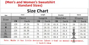 Detailed size chart for unisex zip-up hoodie featuring chest, length and sleeve measurements