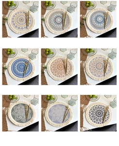 Collage of round woven placemats with colorful mandala patterns and fringe details