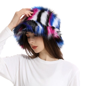 Macro detail of multi-color camouflage faux fur bucket hat with soft plush texture