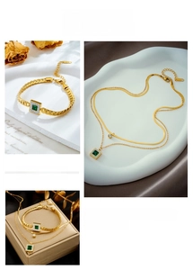 Detail of emerald green square pendant necklace and bracelet set in polished gold finish
