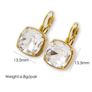 Detail view of 14k gold-plated square crystal earrings with 13.5mm size and weight specs