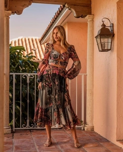 Detail of vintage floral long sleeve crop top with O-ring and matching maxi skirt set