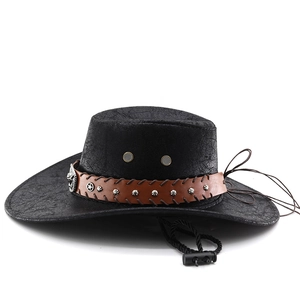 Detail of black western cowboy hat with studded brown leather belt and windproof strap