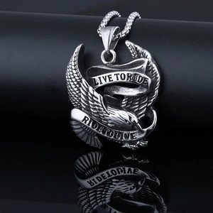 Detail of silver eagle necklace featuring Live to Ride and Ride to Live engravings