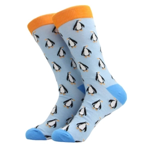 Blue crew socks with penguin patterns, orange ribbed cuffs and navy blue heel and toe