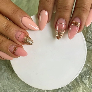 Almond Shape Press On Nails Peach Pink Gradient Gold Glitter Metallic Line Glossy Long DIY Manicure Art For Women