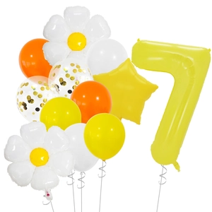 Daisy flower party balloon set with large yellow number 7 and colorful latex balloons