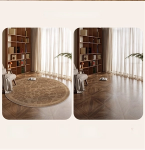 Detail showing vintage floral round rug texture with retro rose patterns and white piping