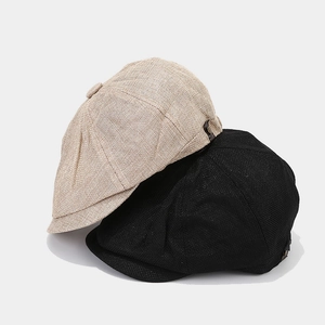 Linen newsboy caps in beige and black, breathable summer retro style for men and women