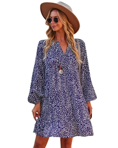 Detail view of the V-neckline with ties and lantern sleeves on this leopard print dress