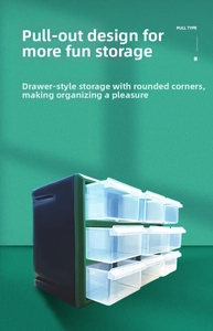 Detail of green stackable drawer storage bin showing smooth pull-type slide mechanism