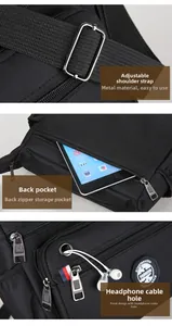 Detail of adjustable metal buckle, anti-theft back pocket, and headphone port on black bag