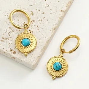 Bohemian gold stainless steel sunburst earrings with round blue turquoise stones