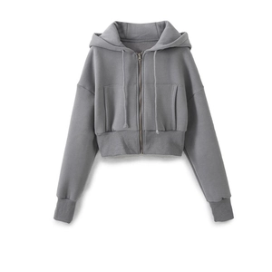 Grey cropped zip-up hoodie with drawstring hood and front pockets on plain white background